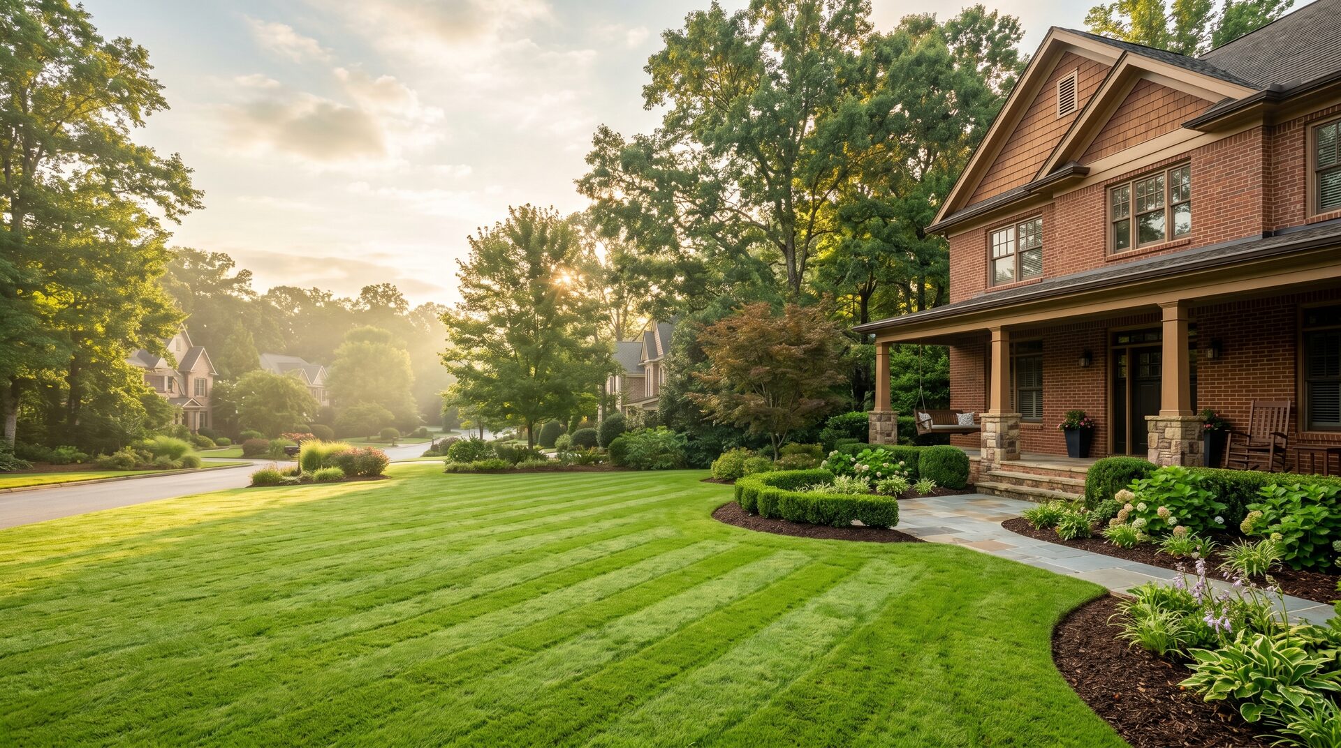 Manicured striped front lawn leading up to a craftsman home at golden hour