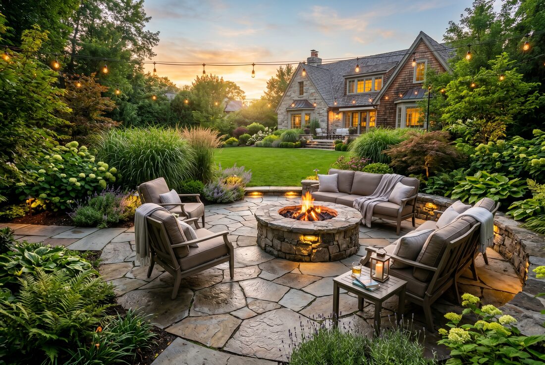 Backyard flagstone patio with fire pit and lush landscaping at dusk