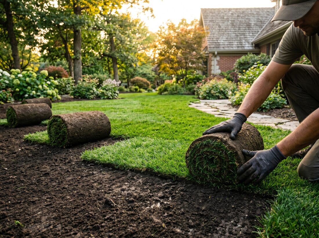 Fresh sod being installed